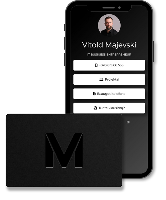 Juoda NFC vizitinė kortelė su graviruotu logotipu ir išmaniosios vizitinės puslapis telefone