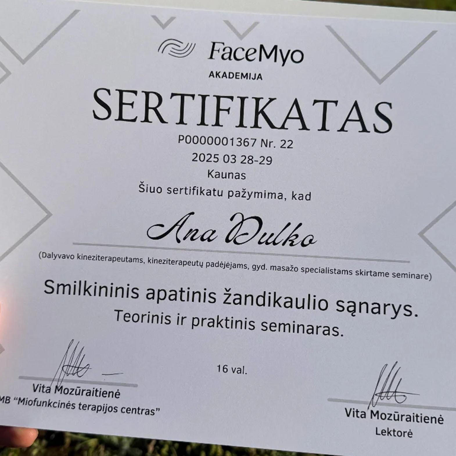 FaceMyo sertifikatas vaido masažas